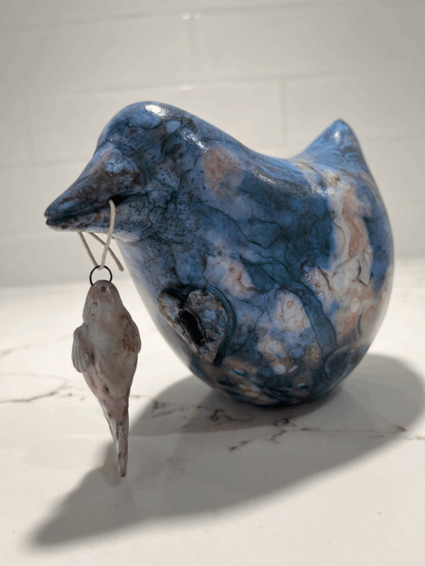 Fishing Success – Raku Bird with Heart Keyhole